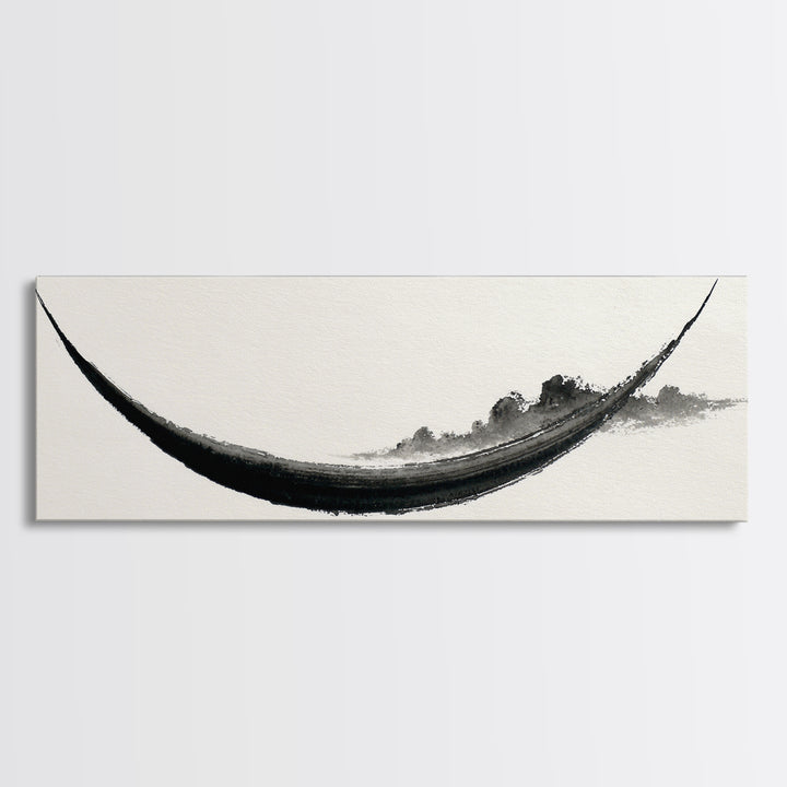 Minimal Black Ink Boat Wall Art, Japanese Zen Canvas Print, Monochrome Abstract, Wabi Sabi Decor, Long Horizontal Art Print