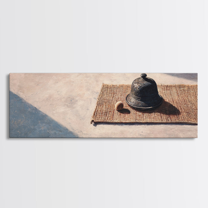Sunlit Cloche On Woven Mat Canvas Print, Minimalist Still Life Wall Art, Rustic Kitchen Decor, Neutral Modern Home Decor