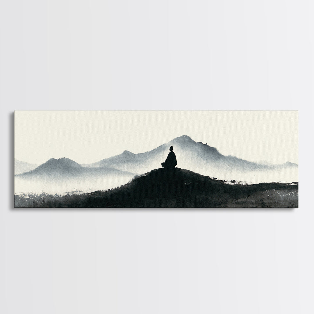 Minimalist Monk Mountain Wall Art, Japanese Ink Wash Landscape, Zen Meditation Decor, Black And White Framed Canvas Print