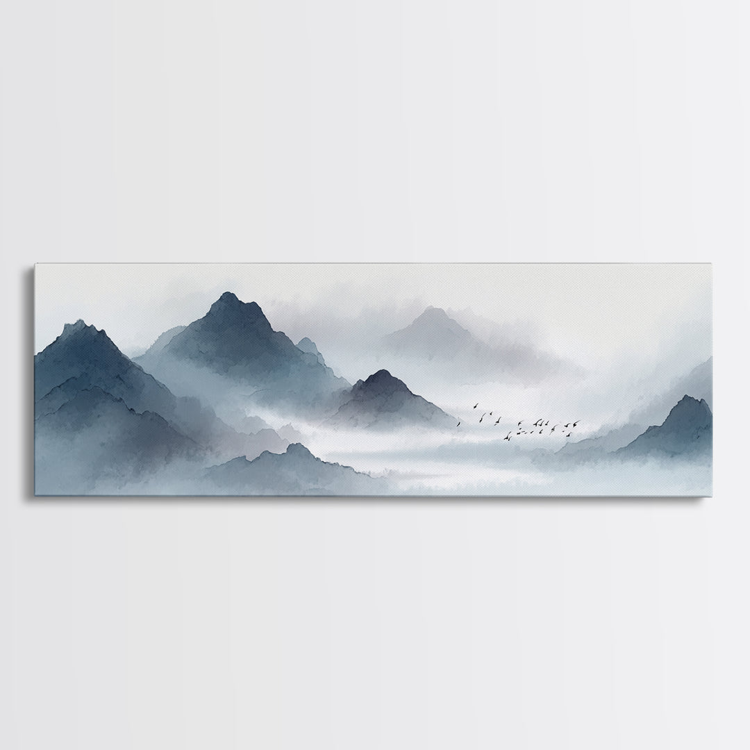 Misty Ink Mountain Landscape Canvas Print, Minimalist Japanese Wall Art, Black And White Zen Decor, Calming Office Art Print