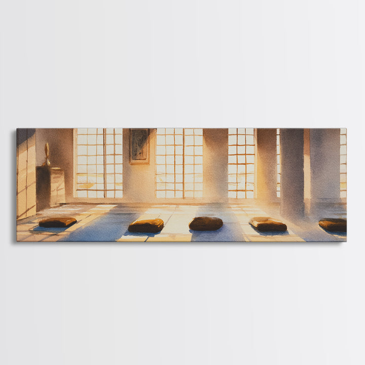 Sunlit Meditation Room With Floor Cushions Canvas Print, Zen Wall Art, Yoga Studio Decor, Calm Minimalist Spa Home Decor