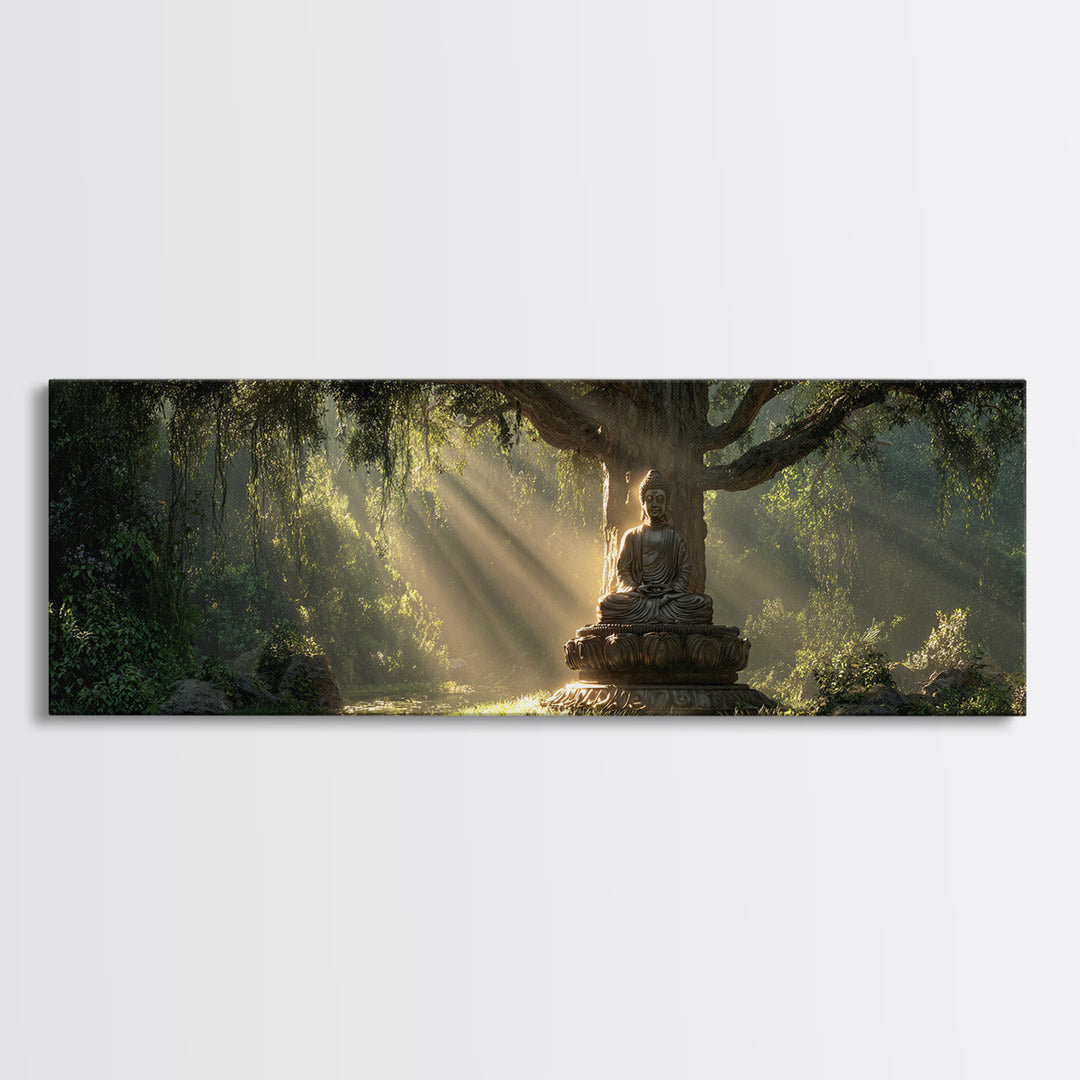 Buddha Statue In Sunlit Forest Wall Art, Zen Meditation Canvas Print, Spiritual Home Decor, Calming Nature Artwork Gift Idea