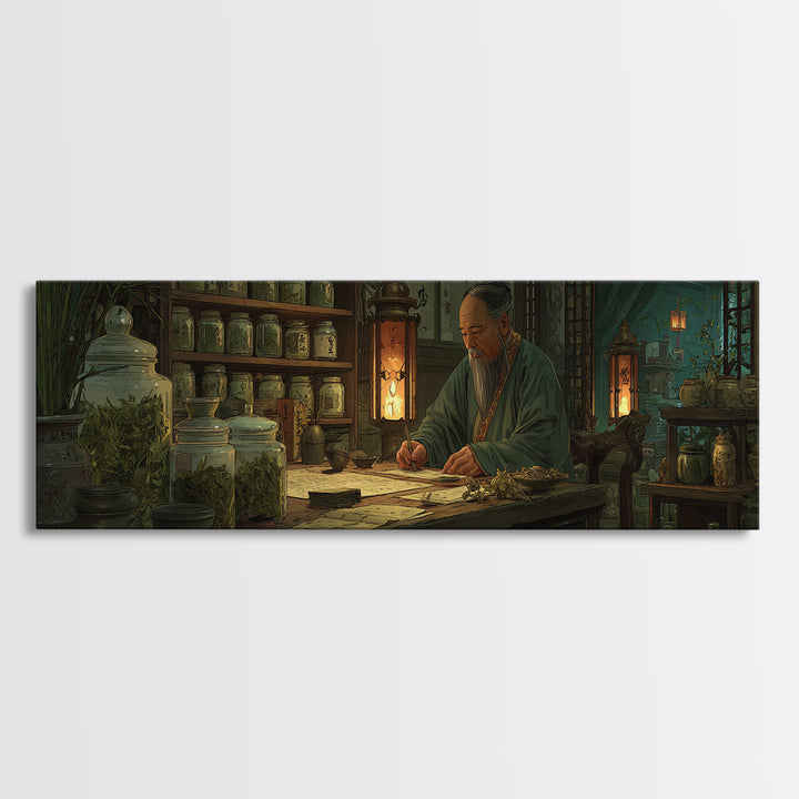 Asian Herbalist Apothecary Framed Canvas Print, Japanese Wall Art, Traditional Medicine Decor, Calligraphy, Moody Office Art