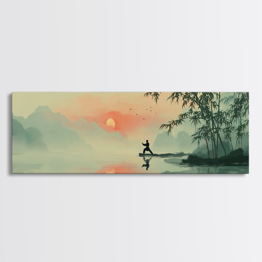 Misty Asian Lake Fisherman Wall Art, Zen Sunrise Landscape Canvas Print, Japanese Bamboo Decor, Peaceful Meditation Room Art