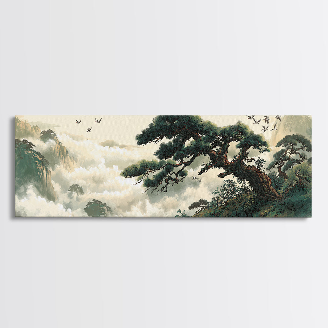 Misty Pine Mountain Landscape Wall Art, Asian Zen Framed Canvas Print, Japandi Nature Decor For Living Room And Office Home Decor