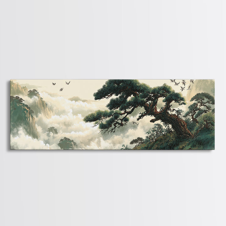 Misty Pine Mountain Landscape Wall Art, Asian Zen Framed Canvas Print, Japandi Nature Decor For Living Room And Office Home Decor