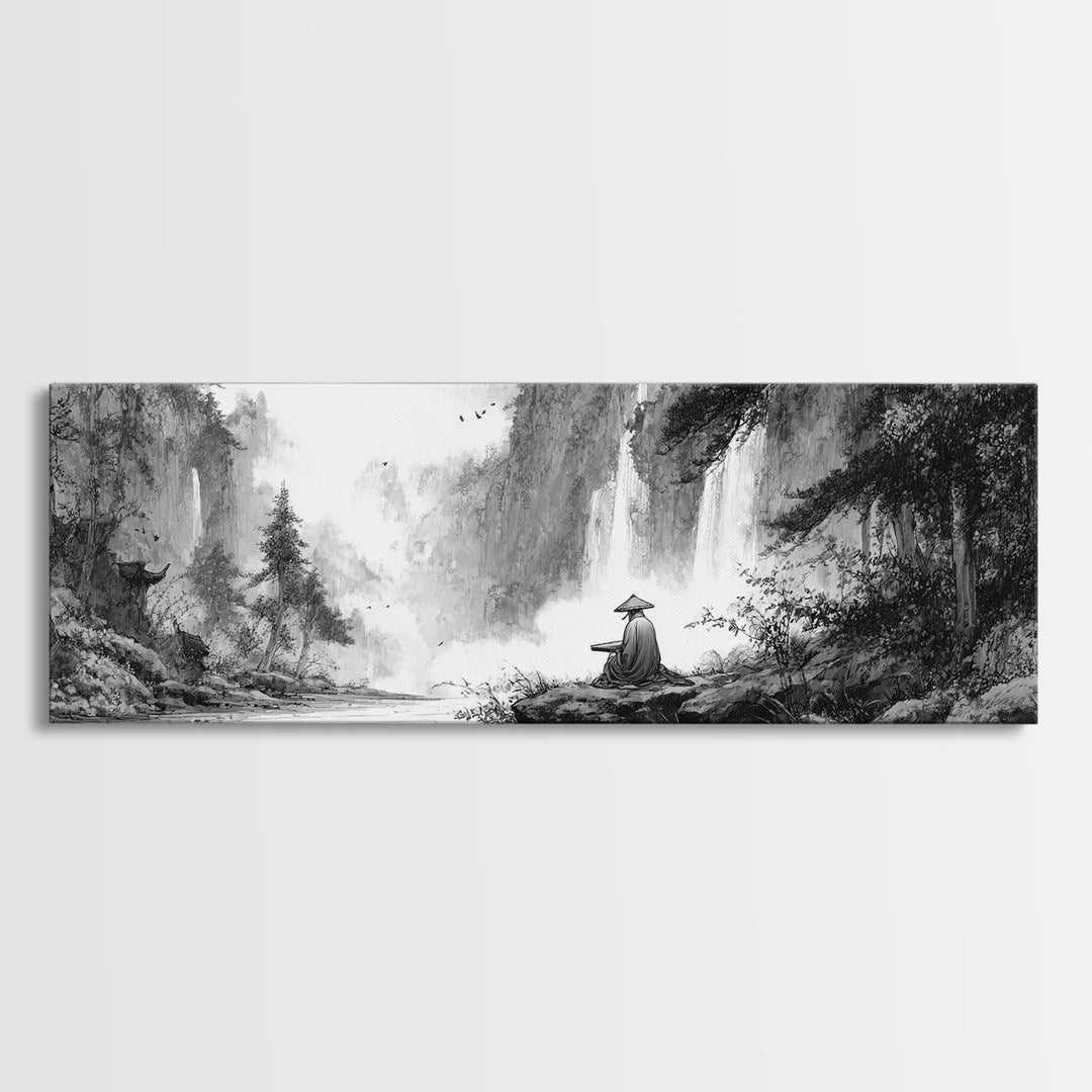 Black And White Waterfall Monk Wall Art, Japanese Landscape Print, Zen Meditation Decor, Nature Art For Office Or Living Room