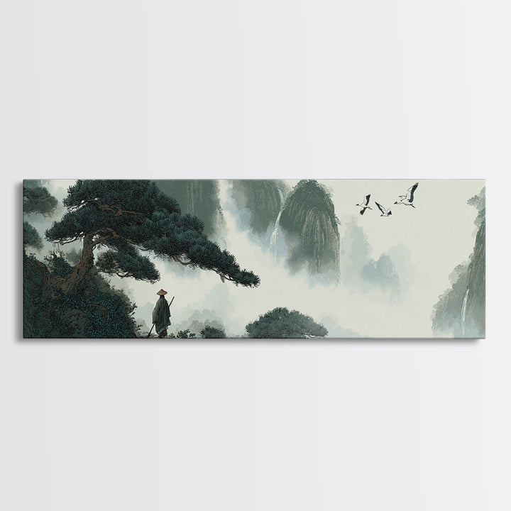 Misty Mountain Pine Landscape Wall Art, Japanese Ink Style Canvas, Zen Nature Print, Panoramic Living Room Decor, Calming Office Decor