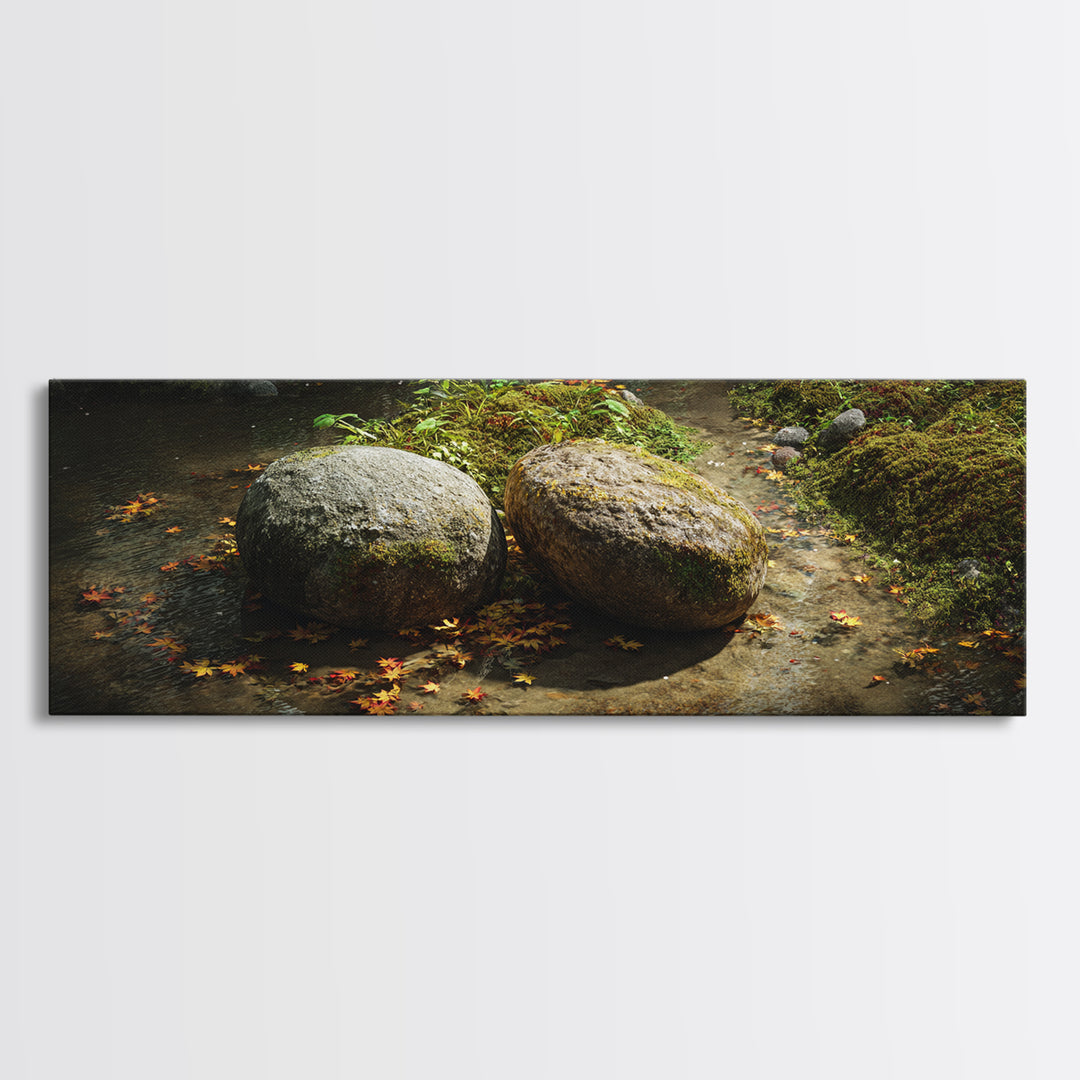 Mossy Stream Stones Nature Wall Art, Framed Canvas Print, Zen Spa Decor, Calming Landscape Art For Living Room And Office