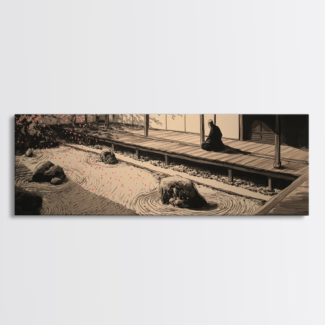 Japanese Zen Garden With Monk Canvas Print, Minimalist Sand Rake Wall Art, Japandi Meditation Decor For Tea Room And Home Decor