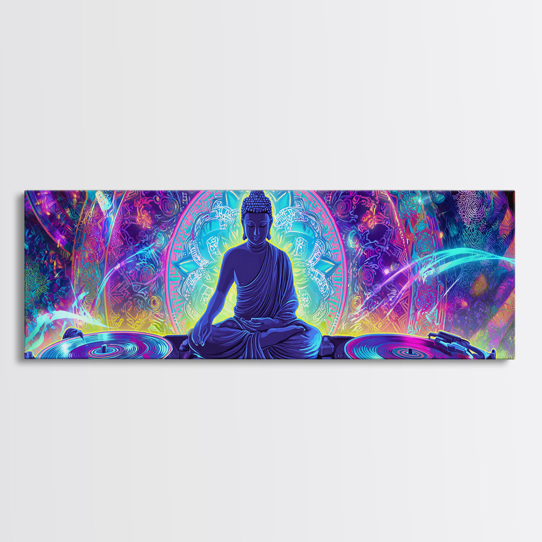 Neon Buddha DJ Canvas Print, Psychedelic Meditation Wall Art, Spiritual Decor, Yoga Studio, Music Room, Vibrant Home Decor