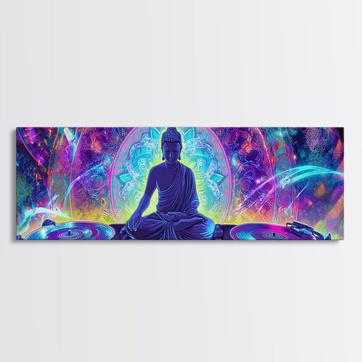 Neon Buddha DJ Canvas Print, Psychedelic Meditation Wall Art, Spiritual Decor, Yoga Studio, Music Room, Vibrant Home Decor