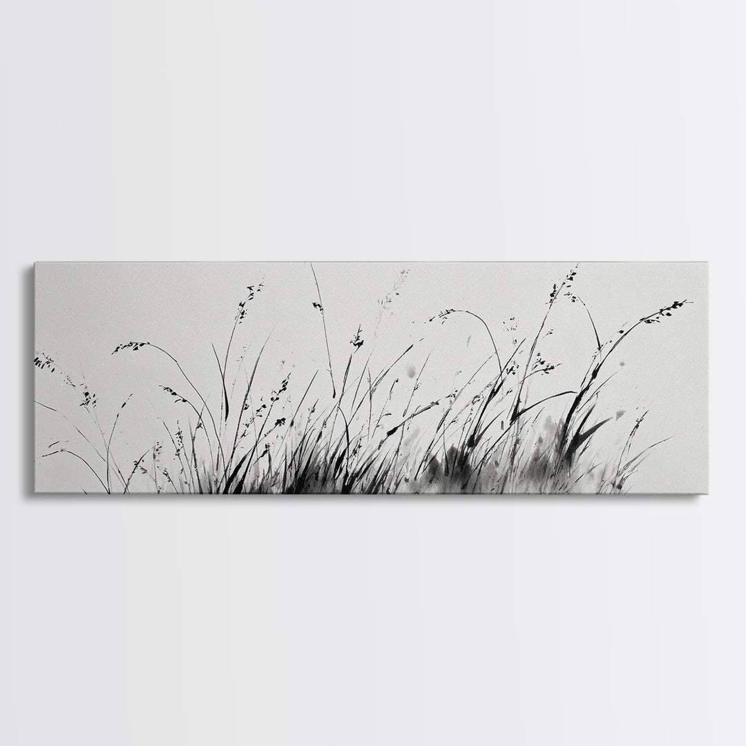 Minimalist Grass Ink Wall Art, Black And White Botanical Canvas Print, Japandi Decor, Neutral Wall Decor, Above Bed Art Print