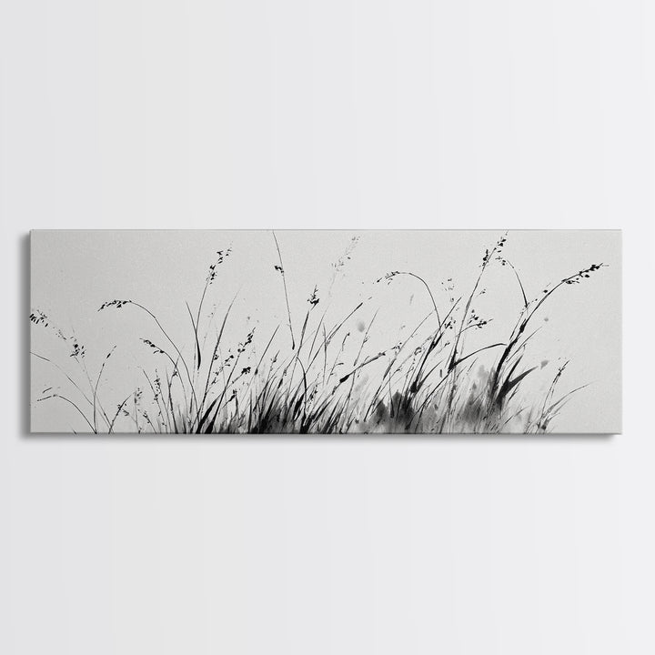 Minimalist Grass Ink Wall Art, Black And White Botanical Canvas Print, Japandi Decor, Neutral Wall Decor, Above Bed Art Print