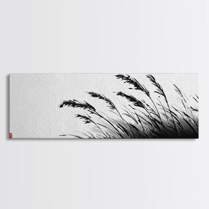 Minimal Ink Grass Reeds Canvas Print, Black And White Japandi Nature Wall Art For Calm Bedroom Decor And Zen Home Decor Print