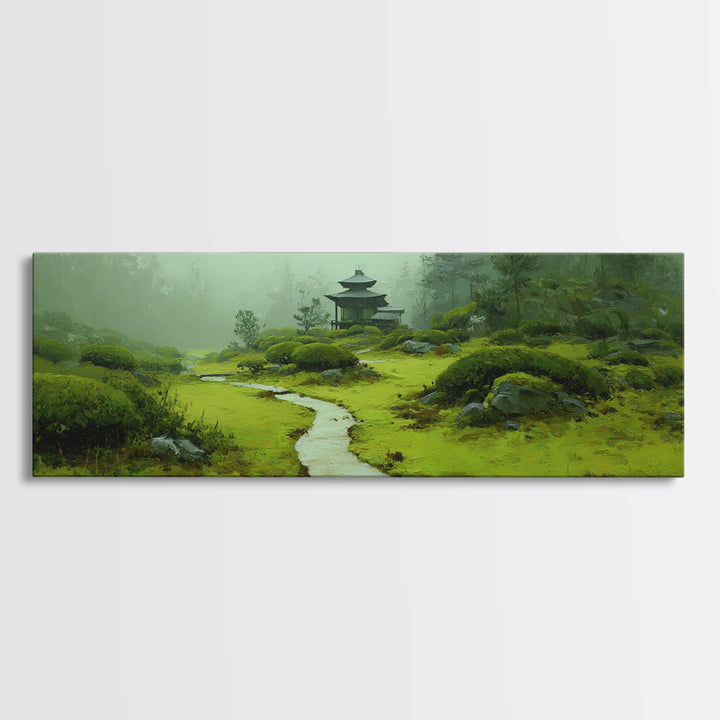 Misty Japanese Garden Path Wall Art, Pagoda Landscape Canvas Print, Zen Home Decor, Japandi Wall Decor, Calming Wall Art