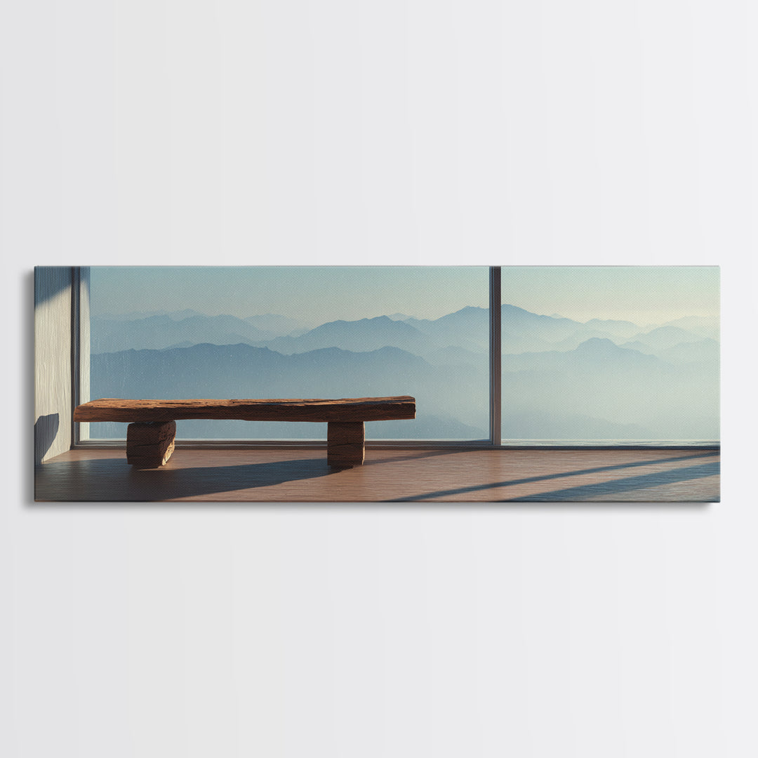 Minimal Mountain View Zen Bench Framed Canvas Print, Japandi Wall Art, Neutral Home Decor, Calming Office Decor, Living Room Decor
