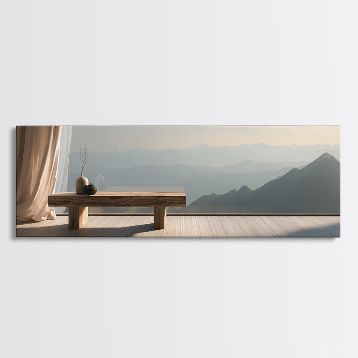 Minimalist Zen Bench Mountain View Wall Art, Japandi Interior Canvas Print, Neutral Bedroom Decor, Calming Home Gift For Her