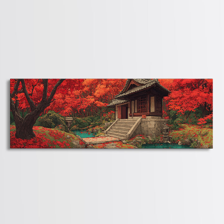 Red Maple Temple And Teal Pond Wall Art, Japanese Landscape, Autumn Forest Decor, Zen Home Decor, Panoramic Canvas Print