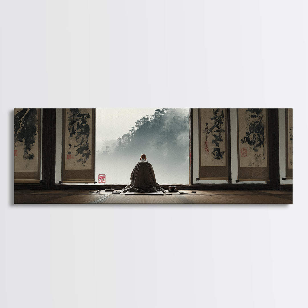 Zen Monk Viewing Misty Mountains Wall Art, Japanese Ink Framed Canvas Print, Meditation Room Decor, Japandi Home Decor, Zen Decor