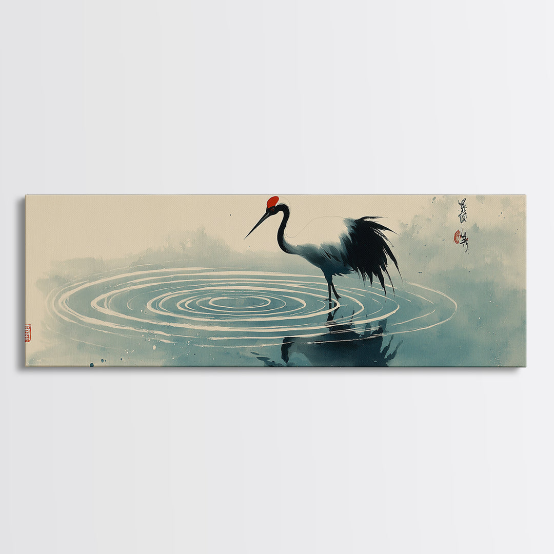 Japanese Crane Ink Painting Wall Art, Zen Bird Canvas Print, Minimalist Asian Decor, Japandi Meditation Room Gift For Her