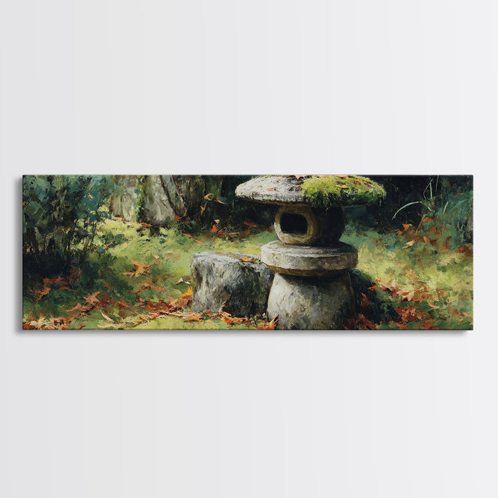 Mossy Japanese Stone Lantern Wall Art, Zen Garden Oil Painting Print, Japandi Decor, Tranquil Nature Framed Canvas Print