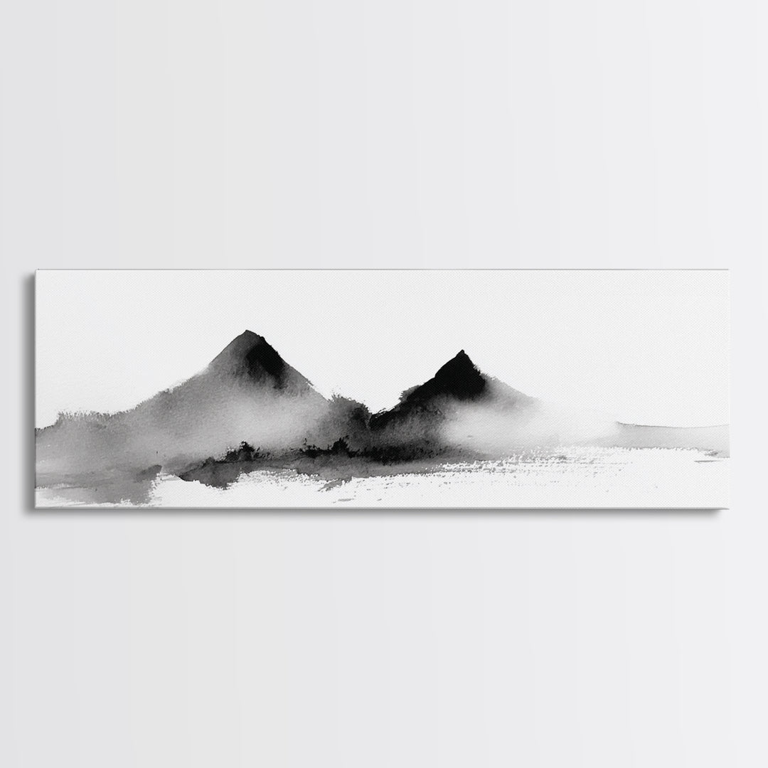 Minimal Black Ink Mountain Wall Art, Japanese Landscape Canvas Print, Wabi Sabi Zen Decor, Neutral Abstract Office Print Home Decor
