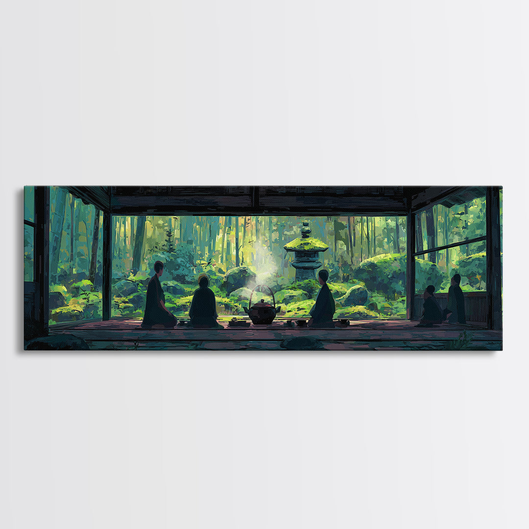 Serene Zen Tea Room With Forest Garden Canvas Print, Japanese Wall Art, Meditation Room Decor, Japandi Nature Landscape Art