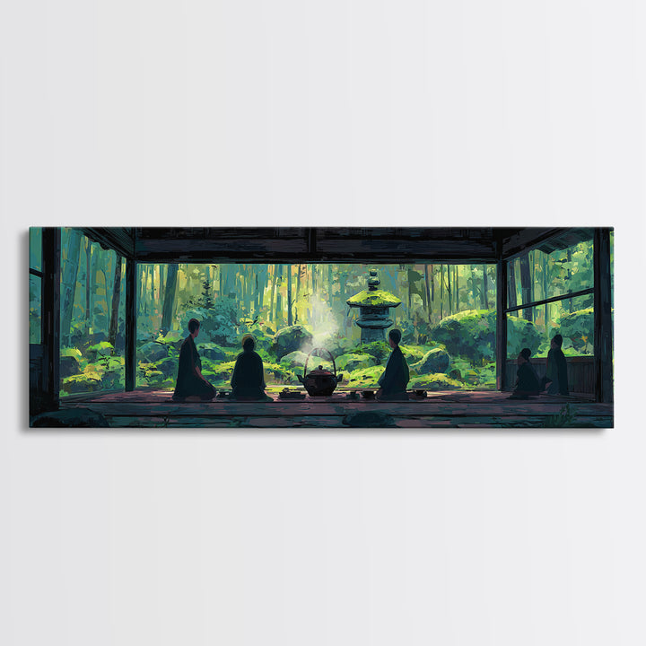 Serene Zen Tea Room With Forest Garden Canvas Print, Japanese Wall Art, Meditation Room Decor, Japandi Nature Landscape Art