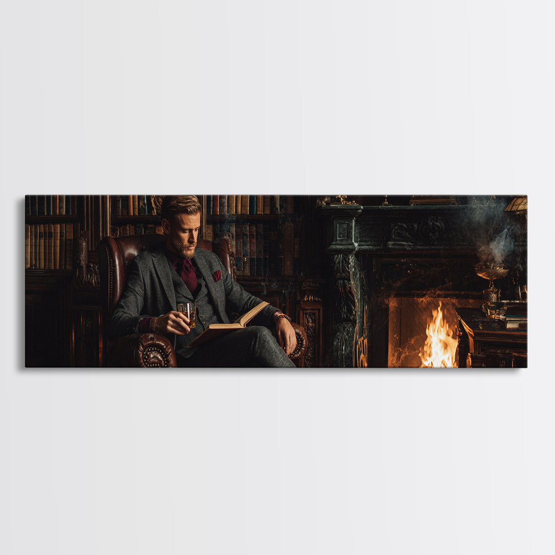 Gentleman Reading By Fireplace Wall Art, Dark Academia Library Canvas Print, Cozy Office Decor, Book Lover Housewarming Gift