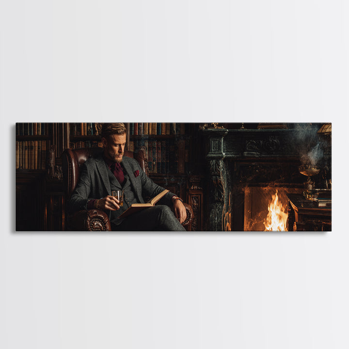 Gentleman Reading By Fireplace Wall Art, Dark Academia Library Canvas Print, Cozy Office Decor, Book Lover Housewarming Gift