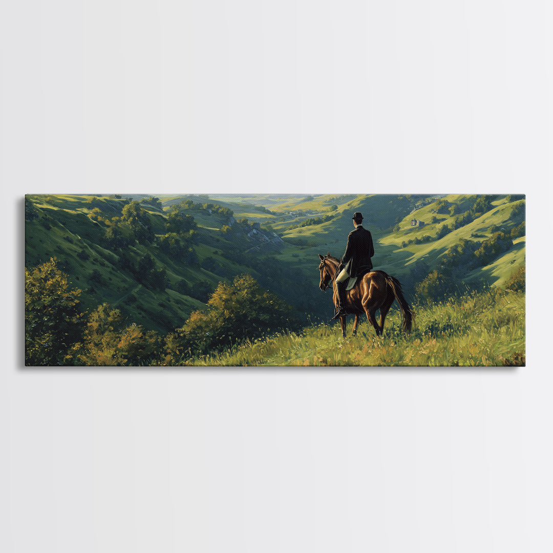 Horse Rider Over Green Valley Wall Art, Panoramic Landscape Canvas Print, Western Country Home Decor, Equestrian Gift For Him