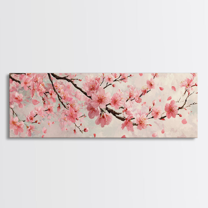 Pink Cherry Blossom Branch Wall Art, Japanese Floral Canvas Print, Spring Botanical Decor, Feminine Bedroom Artwork Gift