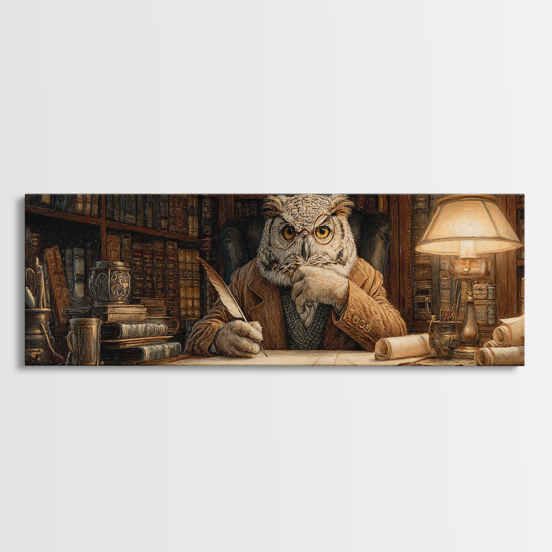 Wise Owl Librarian At Antique Desk Wall Art, Dark Academia Library Decor, Whimsical Animal Art Print For Book Lovers Gift