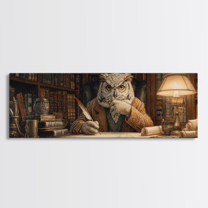 Wise Owl Librarian At Antique Desk Wall Art, Dark Academia Library Decor, Whimsical Animal Art Print For Book Lovers Gift