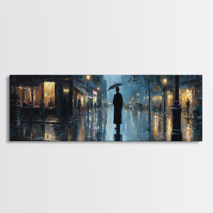 Rainy City Street With Umbrella Wall Art, Moody Urban Landscape Print, Blue Night Office Decor, Contemporary Canvas Print