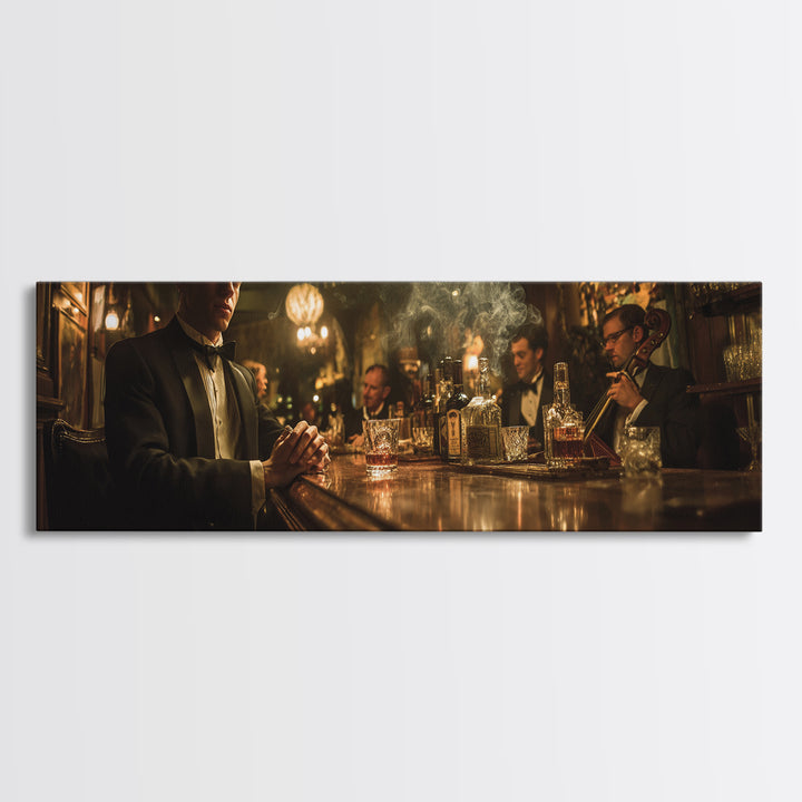 Elegant Tuxedo Men In Jazz Lounge Framed Canvas Print, Speakeasy Bar Wall Art, Masculine Home Decor, Gift For Him, Office Decor