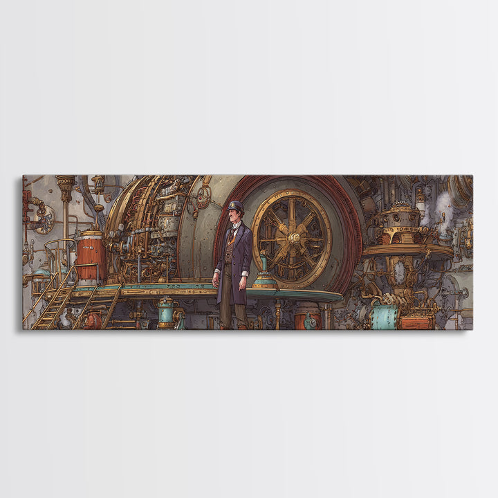 Victorian Engineer Before Giant Machine Canvas Print, Steampunk Industrial Wall Art, Mechanical Office Decor, Gift For Him