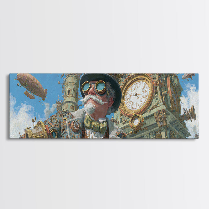 Steampunk Gentleman With Goggles And Clock Tower Wall Art, Victorian Airship Canvas, Industrial Office Decor For Living Room