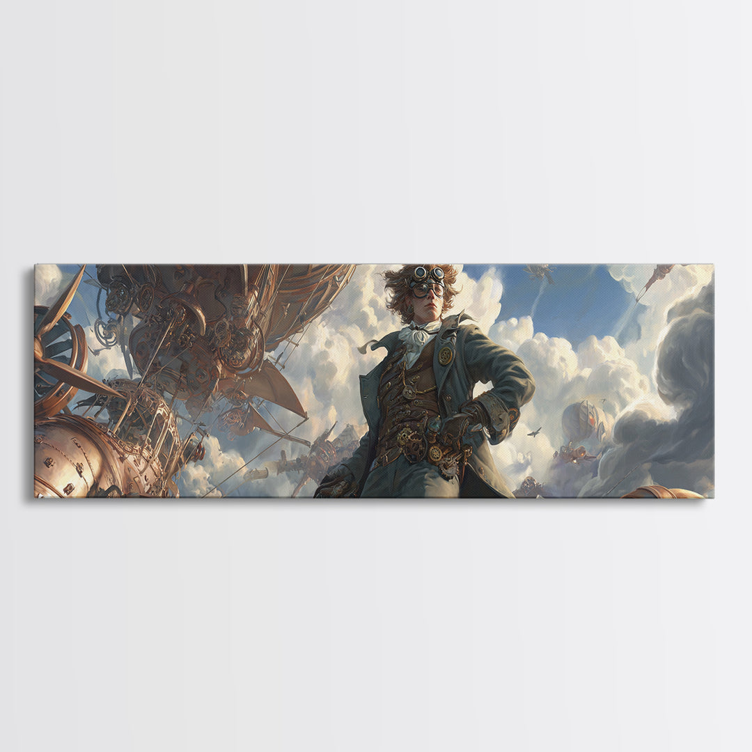 Airship Captain In Storm Clouds Framed Canvas Print, Steampunk Aviation Wall Art, Dramatic Sci Fi Office Decor For Game Room