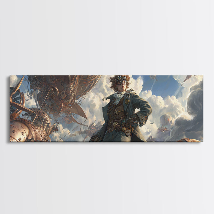 Airship Captain In Storm Clouds Framed Canvas Print, Steampunk Aviation Wall Art, Dramatic Sci Fi Office Decor For Game Room