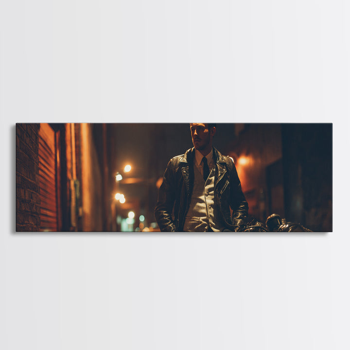 Noir Biker In Shadowed Alley Wall Art, Cinematic Motorcycle Canvas Print, Masculine Man Cave Decor Gift For Him, Urban Office Decor