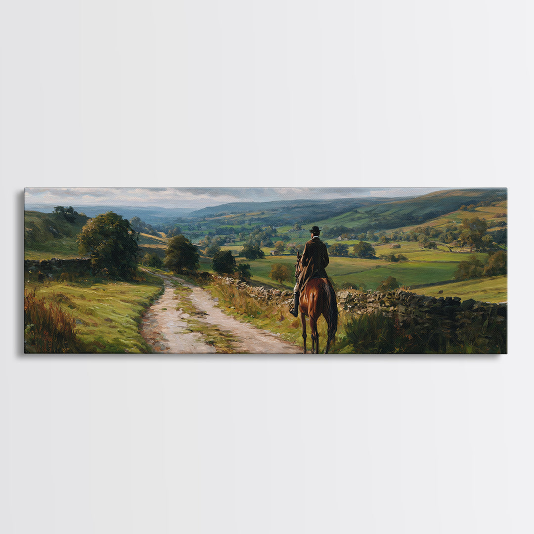 Lone Horse Rider On Country Road Wall Art, Rolling Hills Landscape Canvas Print, Rustic Farmhouse Living Room Decor Gift