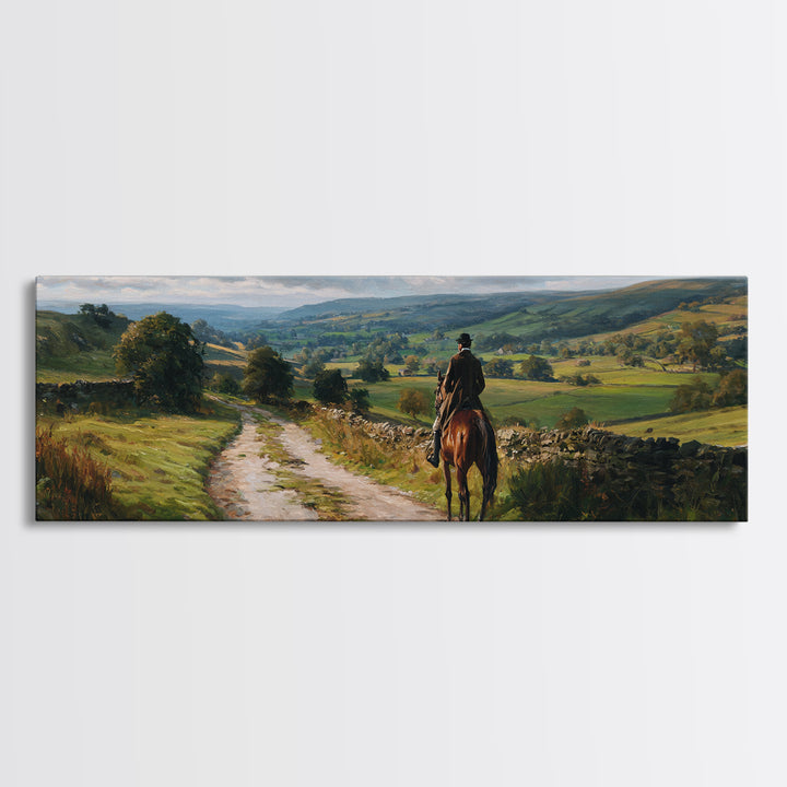 Lone Horse Rider On Country Road Wall Art, Rolling Hills Landscape Canvas Print, Rustic Farmhouse Living Room Decor Gift