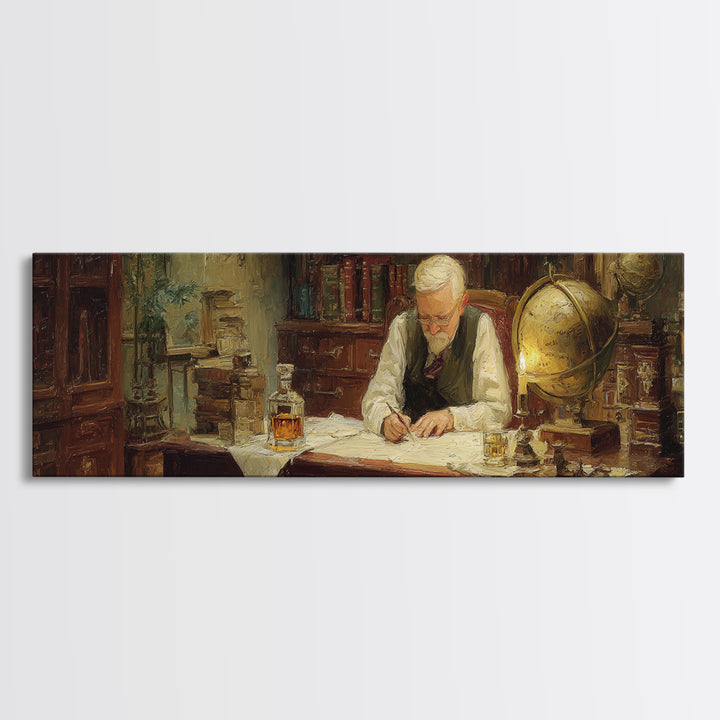 Elderly Scholar Writing Maps In Library Wall Art, Antique Globe Canvas Print, Dark Academia Office Decor Gift For Book Lovers