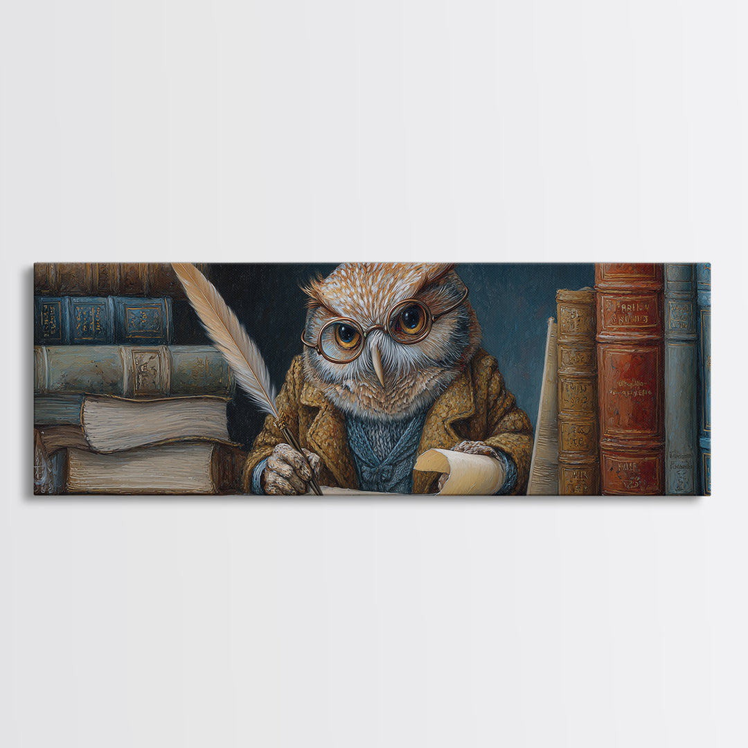 Whimsical Owl Scholar Writing Letters Wall Art, Storybook Animal Canvas Print, Cozy Library Nursery Office Decor Gift For Readers