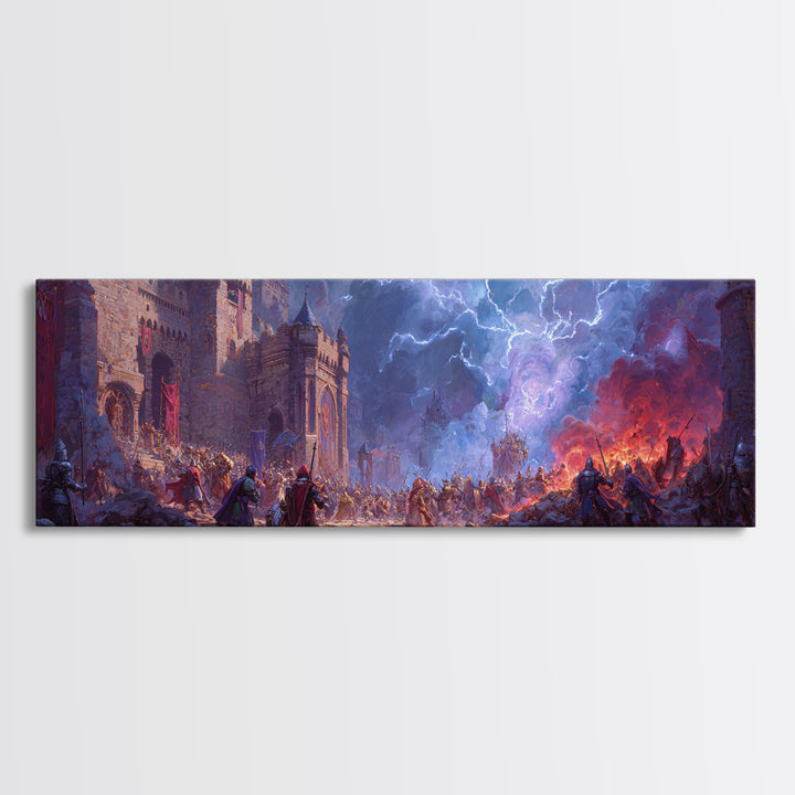 Stormlit Castle Siege Fantasy Battle Wall Art, Medieval Dragon Decor, Epic Landscape Canvas Print, Gamer Room Gift For Him