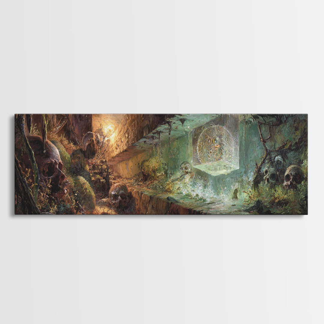 Glowing Crypt Relic Dungeon Fantasy Wall Art, Dark Academia Decor, Gothic Canvas Print, Skull Cave Adventure Art For Game Room