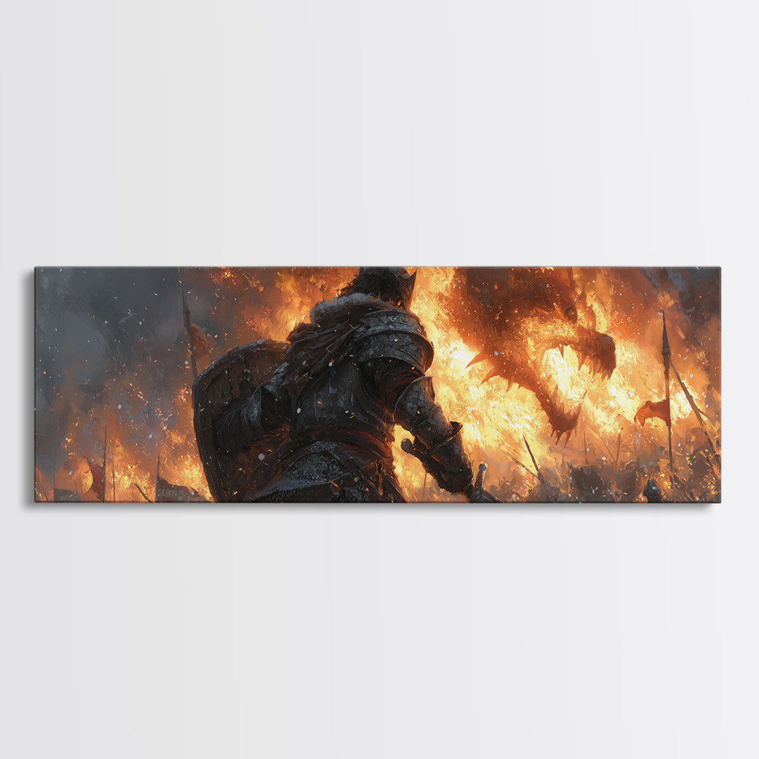 Lone Warrior Before Blazing Battlefield Framed Canvas Print, Dark Fantasy Wall Art, Medieval Battle Decor, Gift For Gamer