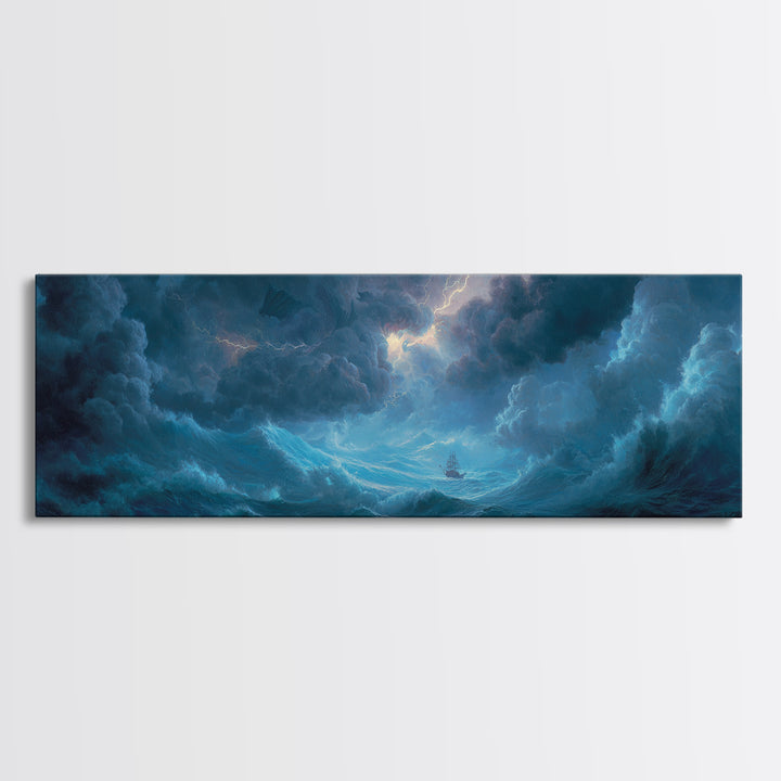 Stormy Ocean Ship Seascape Wall Art, Dramatic Nautical Canvas Print, Blue Coastal Living Room Decor, Moody Sea Gift For Him